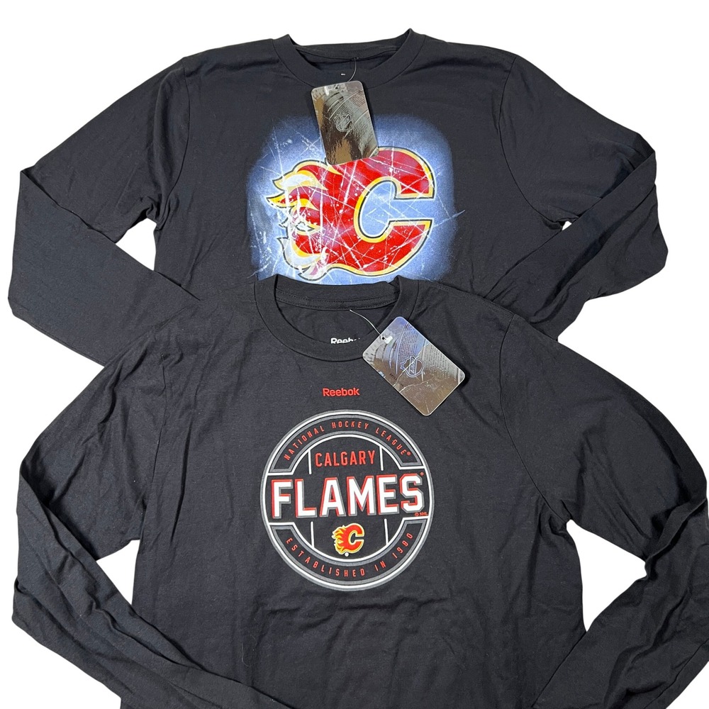 Lot 2 Reebok Calgary Flames NHL Long Sleeve T-Shirts‎ Kids Large 14/16 Black NWT